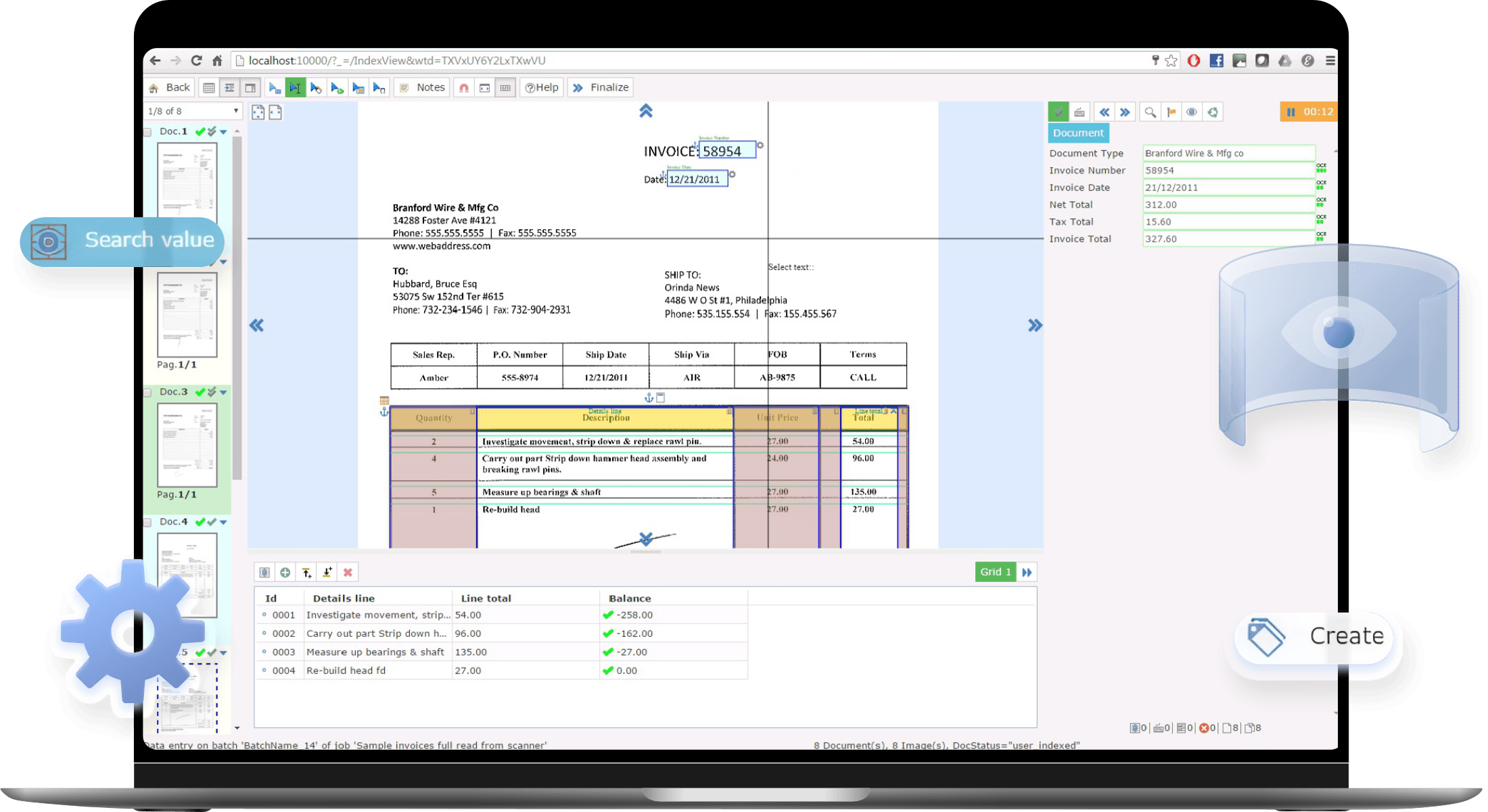 Interface real do Chronoscan Capture em um laptop: extração por OCR de uma nota fiscal com validação de campos e dados estruturados